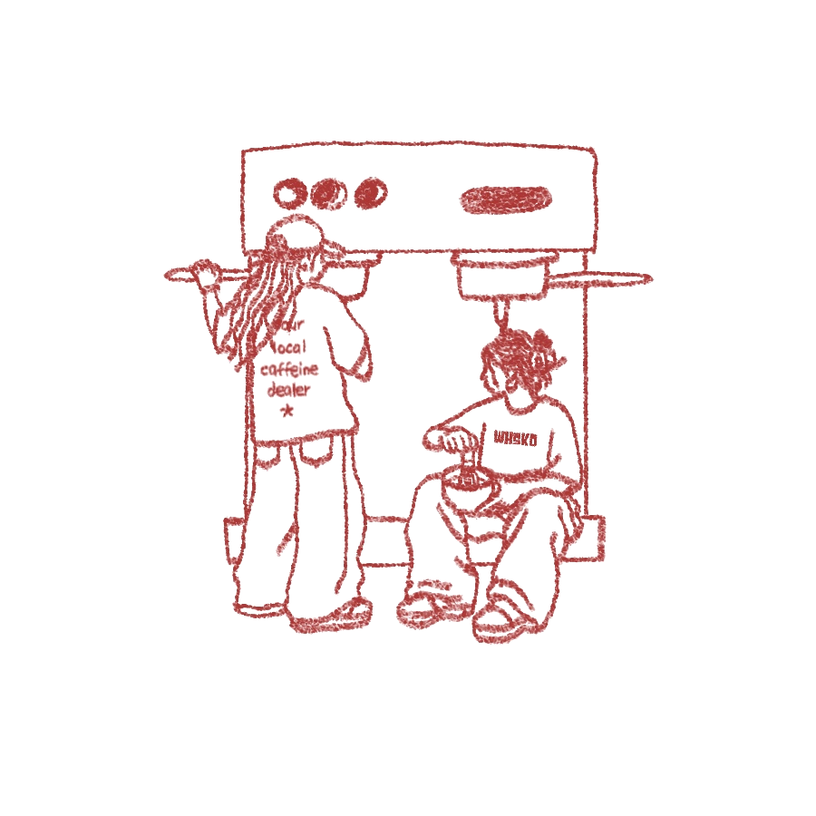 Hand drawn illustration of the WHSKD counter, "your local caffeine dealer"
