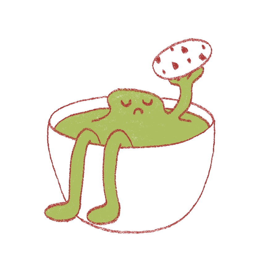 Hand drawn WHSKD character sitting inside a matcha cup, holding a cookie