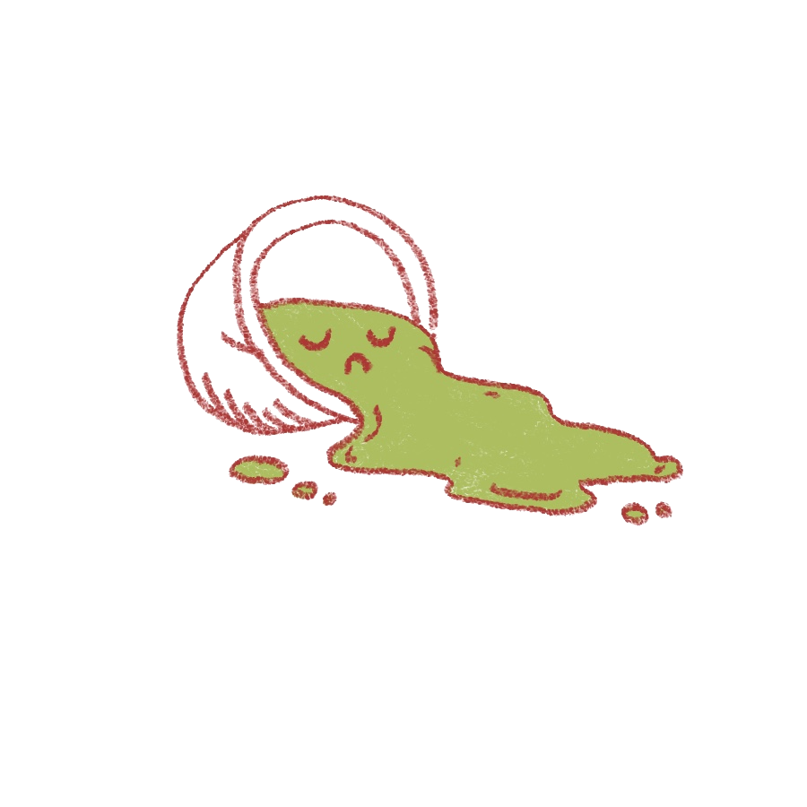 Hand drawn WHSKD matcha spill character, looking unbothered